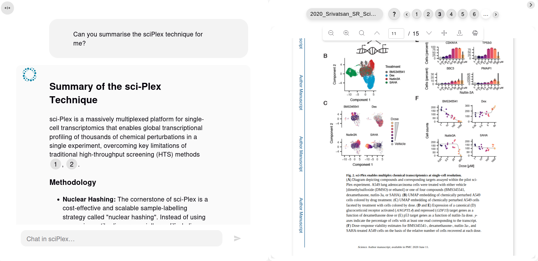NeuroVecta chat interface showing conversation with AI and citation links