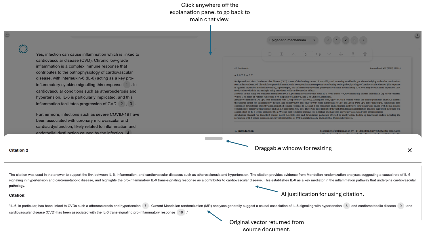 Citation explanations are generated for each citation along with the source snippet.