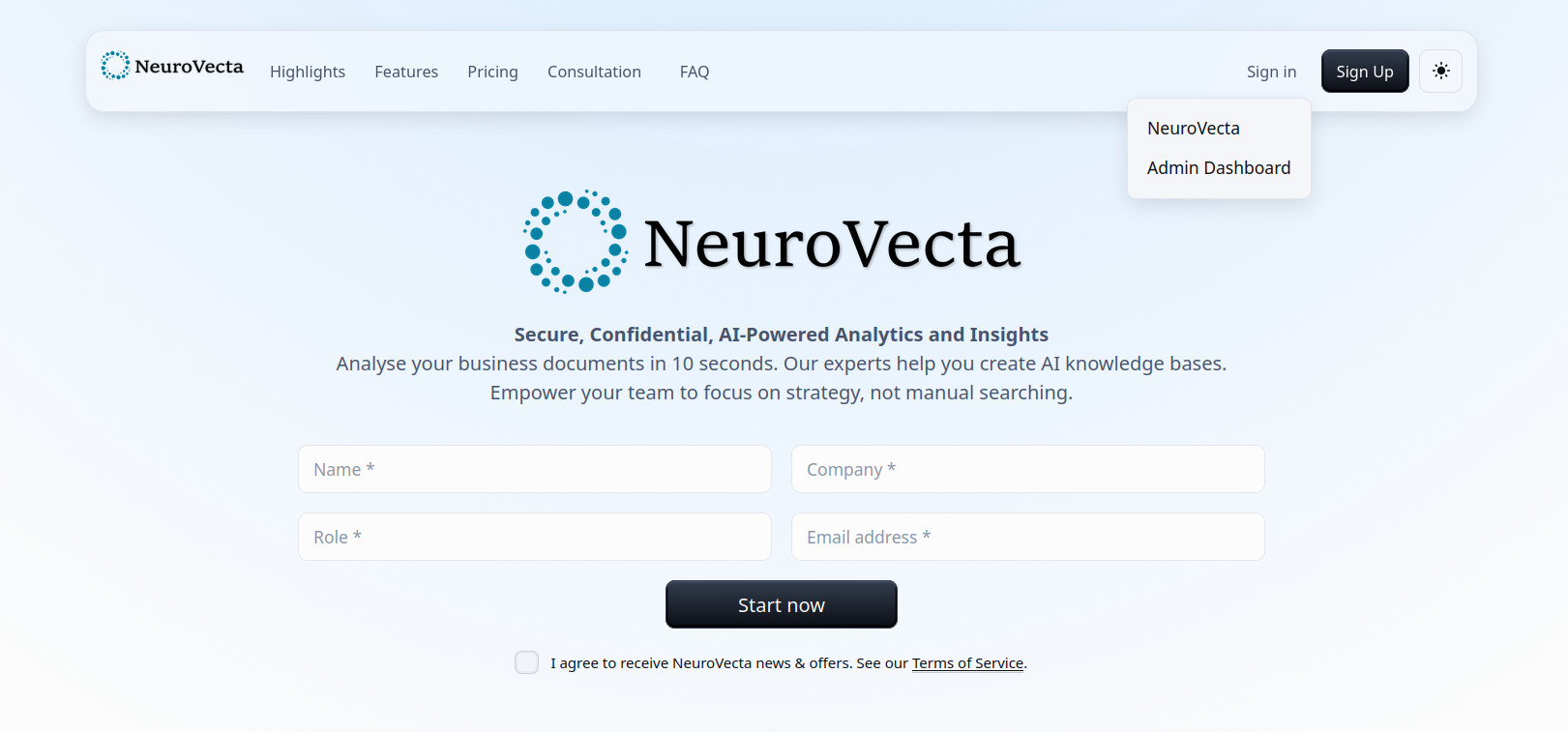 NeuroVecta login page showing sign-in button in navigation