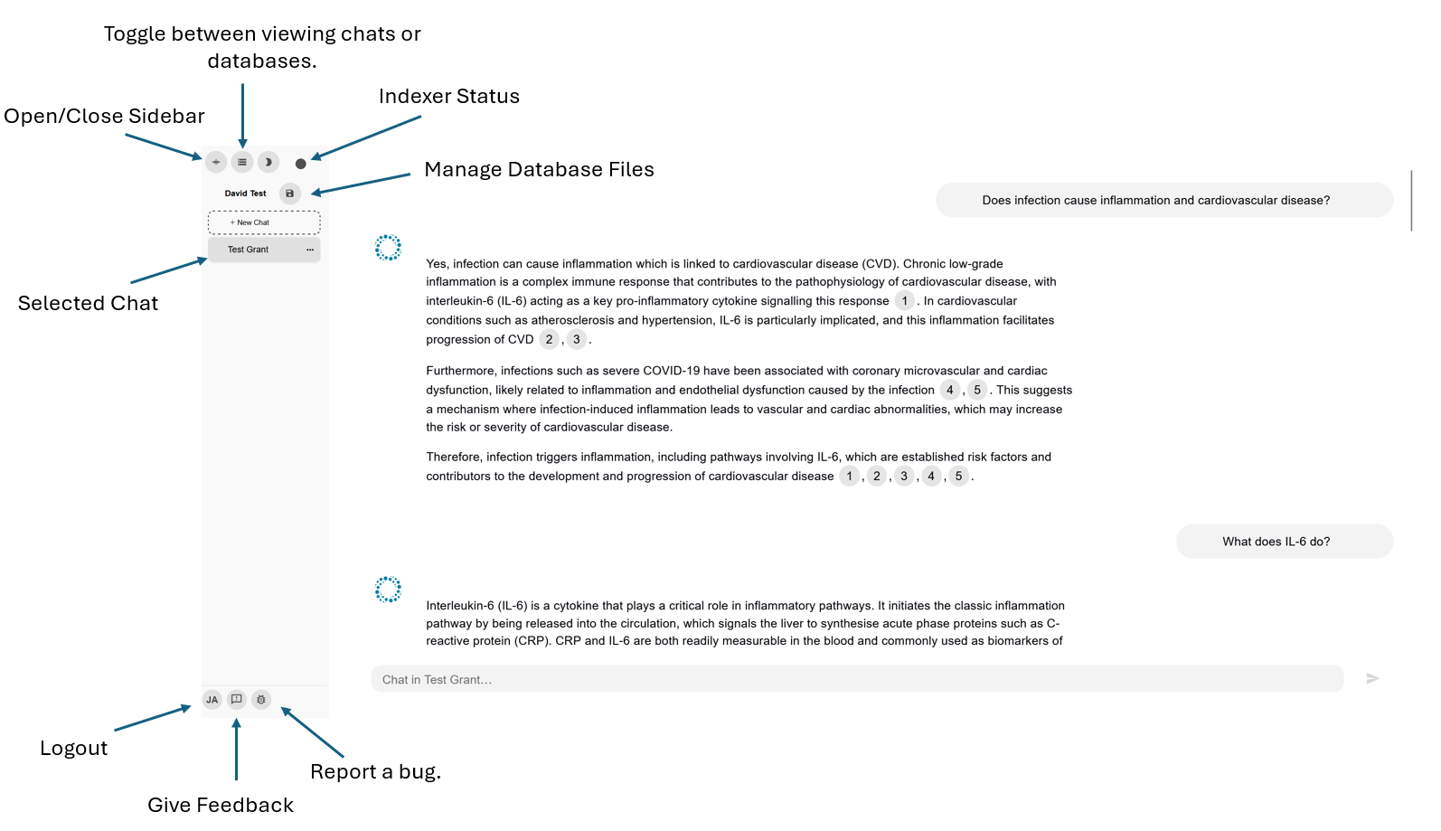 NeuroVecta's Sidebar Menu allows you to manage your databases and chat sessions.